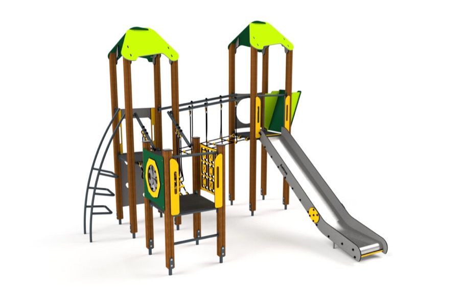 10046 Doppelturm mit rutsche Kletterwand und Balancierweg