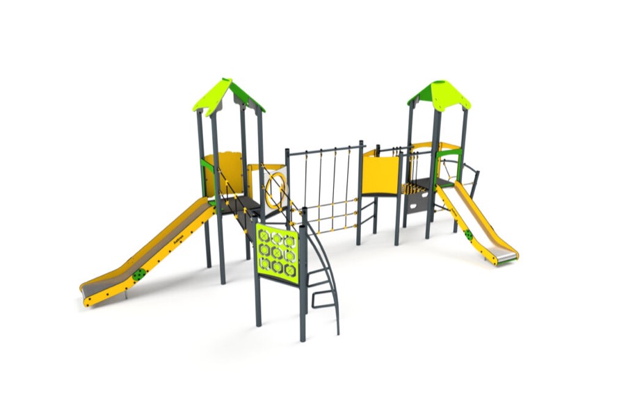 11078 Doppelturm mit Rutschen, Sprossenleitern, Kletterwand, netze Balancierweg und Spielwände