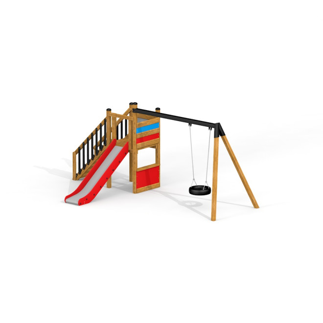Einzel Schaukel mit Rutsche, Spielturm und Treppe