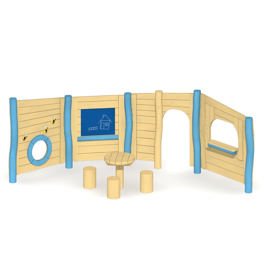 Spielwand Holz 4-teilig mit Sitzgruppe
