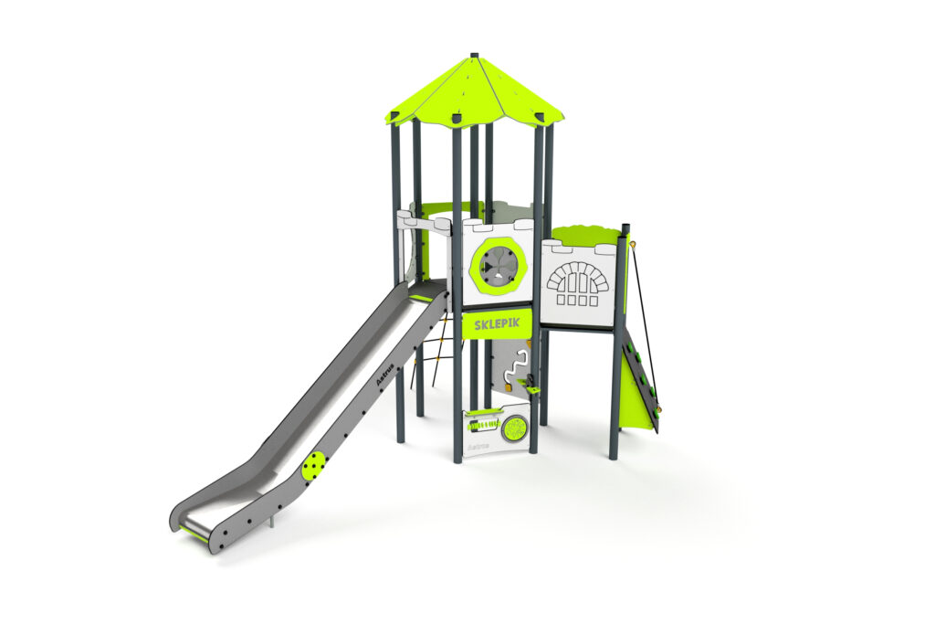 11089 Turm mit Kletterwand, Kletterrutsche, Spielwand und Rutsche