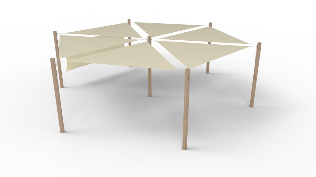 PE-Sonnensegel-System 6 Segel (3x3x3 m) + 7 Pfosten + 1 Windschutzwand