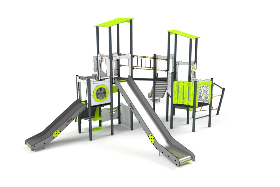 11091 Turm mit Rutschen, Spielwand, Sprossenleiter, Netz und Kletterwand