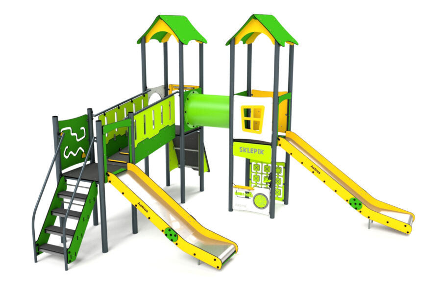 11037 Doppelturm mit Rutschen, Spielwand, Brücke, Kletterwand und Tunnel