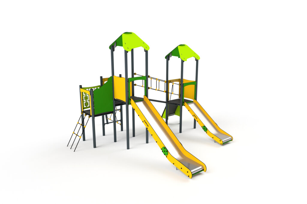 11030 Doppelturm mit Rutschen, Kletternetze, Kletterwand, Brücke und Spielwand
