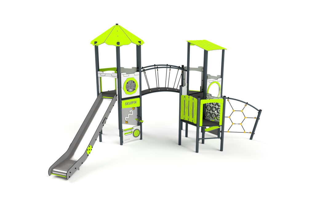 11090 Turm mit Rutsche, Brücke, Kletternetz, Spielwand und Sprossenleiter