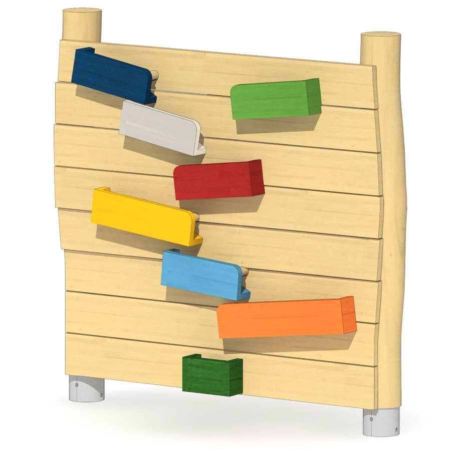 Holzwand mit Zick-Zack-Murmelbahn