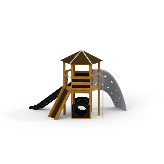 Spielturm mit Kletterwand und Rutsche