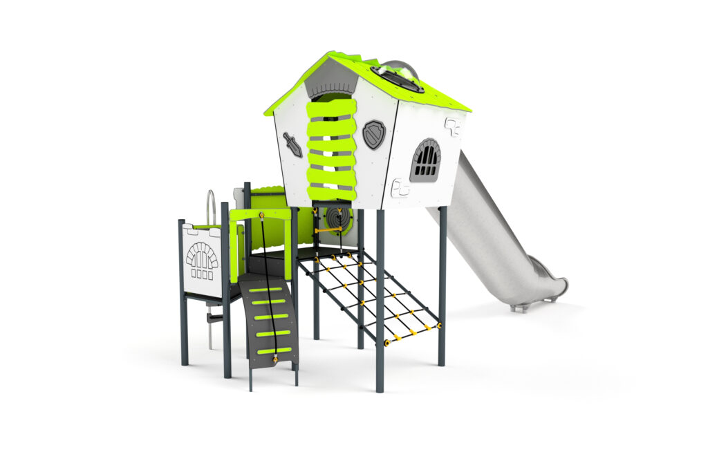 11087 Spielhaus mit Rutsche, Netzen, Kletterwand, Feuerwehrstange und Spielwand