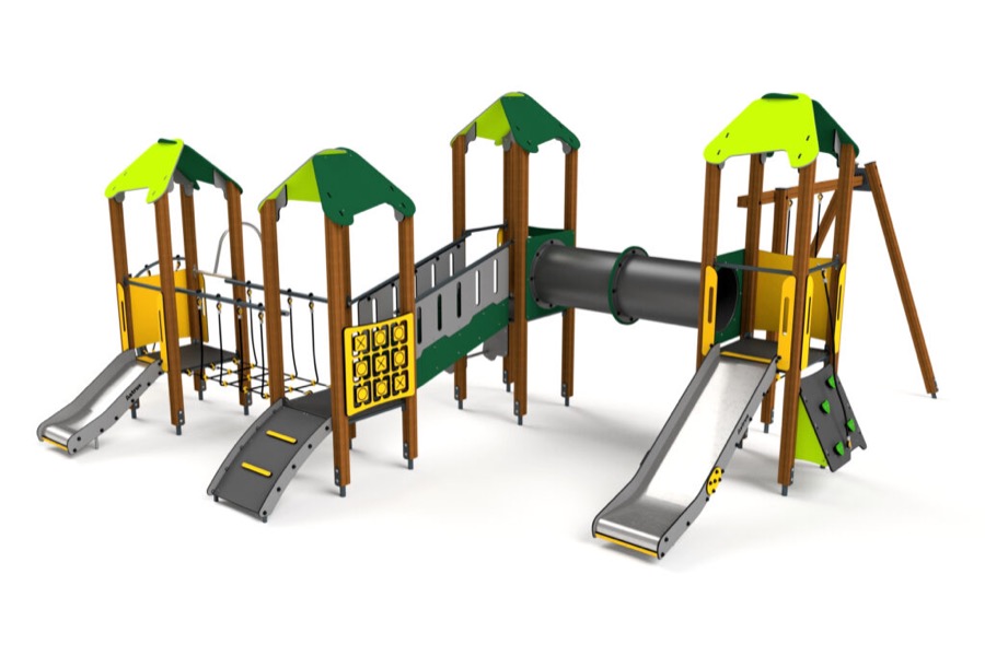 10034 4-Türme mit Netzen Spielwänden, Rutschen, Balancierweg und Tunnel