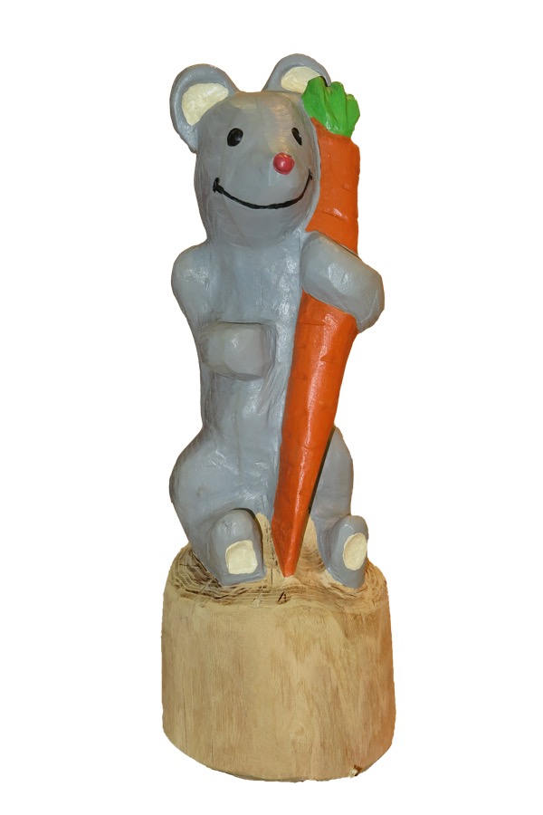 Pfostenkopf/Schnitzfigur Maus mit Karotte -