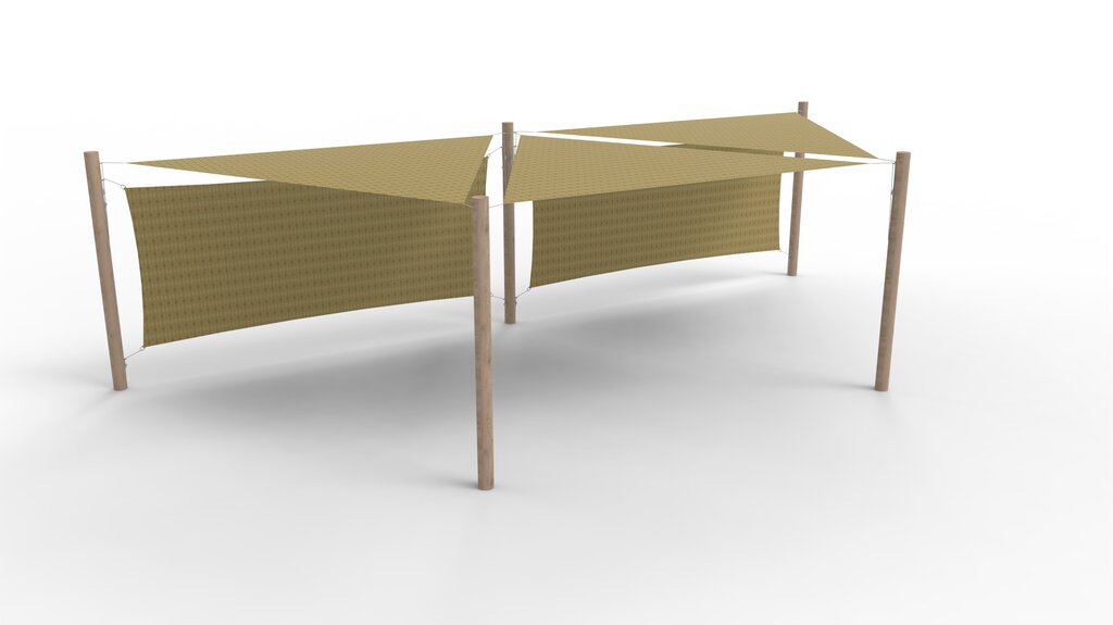 HDPE-Sonnensegel-System 3 Segel (3.6x3.6x3.6 m) + 5 Pfosten + 2 Windschutzwände