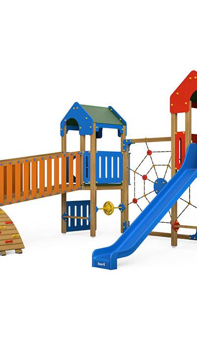 Spielturm-Kombination Crea-Play, Podesthöhen 90/120/150 cm, Satteldächer, Rutsche