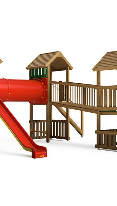 Spielturm-Kombination Eco, Podesthöhen 120/150 cm, Satteldächer, Rutsche, mit Kriechröhre und Verbindungsbrücke