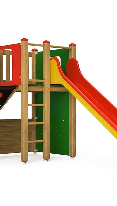 Spielturm-Kombination Kantholz, Podesthöhe 150 cm, Rutsche, mit Bergsteigerwand