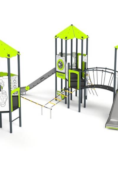 11086 3-Turm mit Rutschen, Sprossenleiter, Brücke, Netze, Spielwände und Kletterwand