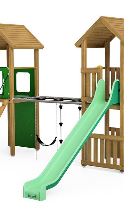 Spielturm-Kombination Eco, Podesthöhen 150 cm, Satteldächer, Rutsche, mit Netzübergang