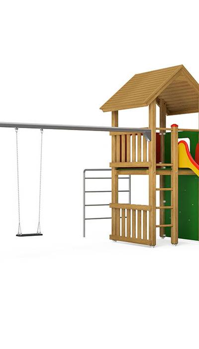Spielturm-Kombination Kantholz, Podesthöhe 150 cm, Satteldach, Rutsche, mit Schaukel 2 Sitze