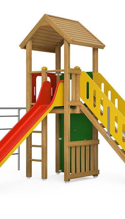 Spielturm-Kombination Eco, Podesthöhe 150 cm, Satteldach, Rutsche, mit Bergsteigerwand und Aufstiegstreppe