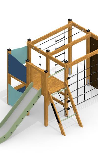 Klettergerüst mit Kletterwand und Rutsche