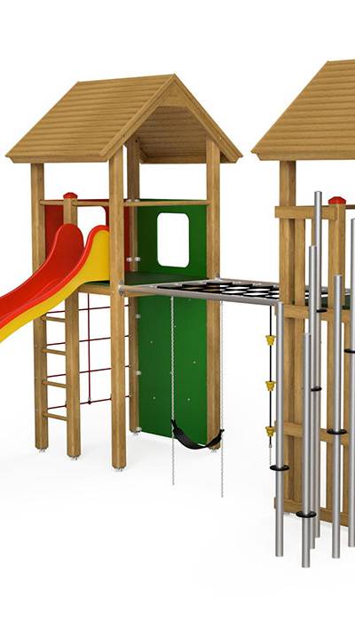 Spielturm-Kombination Kantholz, Podesthöhe 180 cm, Satteldächer, Rutsche