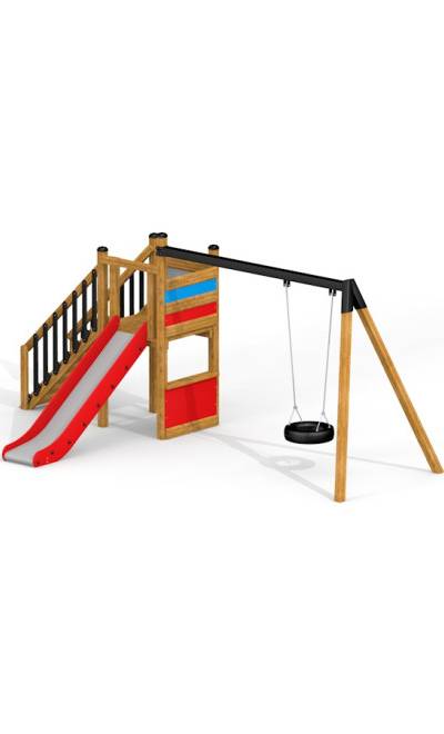 Einzel Schaukel mit Rutsche, Spielturm und Treppe