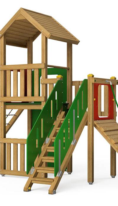 Spielturm-Kombination Eco, Podesthöhen 120/150 cm, Satteldach, ohne Rutsche