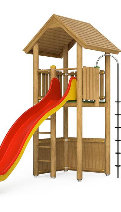Spielturm-Kombination Rundholz, Podesthöhe 180 cm, Satteldach, Wellenrutsche, mit Kletterstange