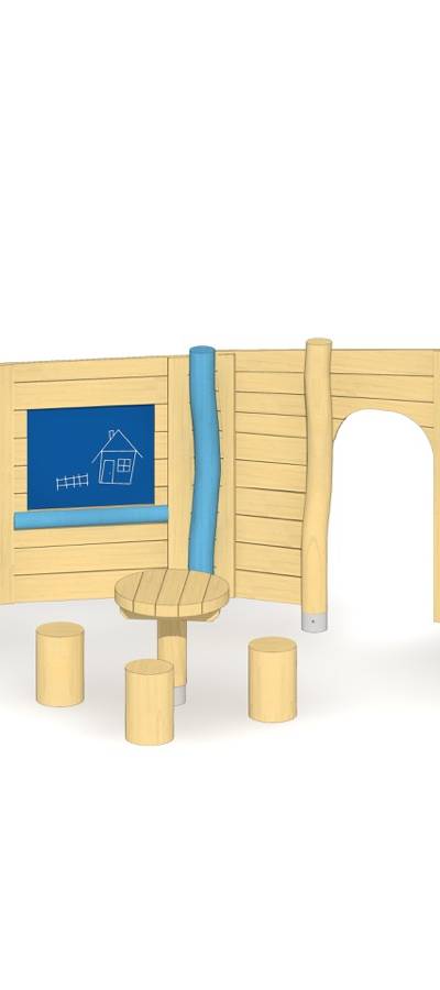 Spielwand Holz 4-teilig mit Sitzgruppe