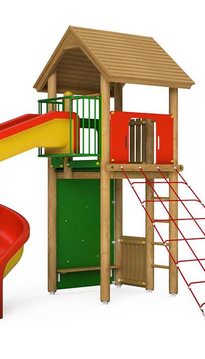 Spielturm-Kombination Rundholz, Podesthöhe 180 cm, Satteldach, Spiralrutsche