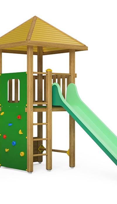 Spielturm-Kombination Kantholz, Podesthöhe 150 cm, Pyramidendach, Rutsche, mit Bergsteigerwand und Alu-Füllung