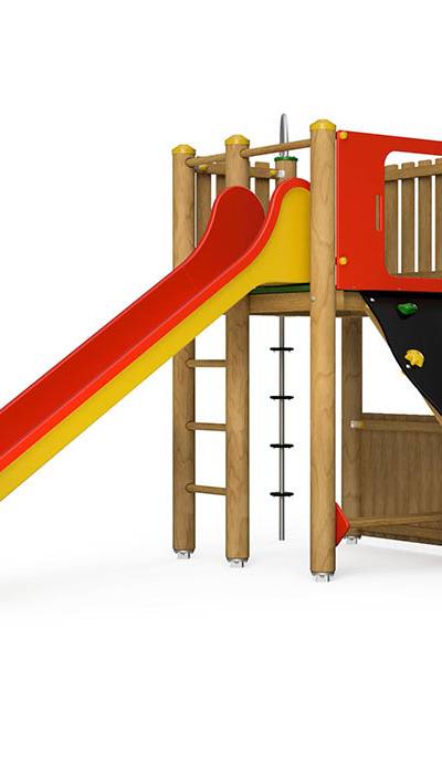 Spielturm-Kombination Rundholz, Podesthöhe 150 cm, Rutsche, mit Kletterstange