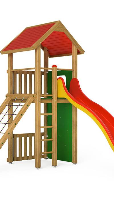 Spielturm-Kombination Kantholz, Podesthöhe 180 cm, Satteldach, Wellenrutsche, mit Bergsteigerwand und Kletternetz
