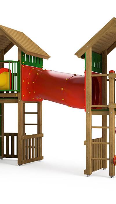 Spielturm-Kombination Kantholz, Podesthöhen 150/180/200 cm, Satteldächer, Spiralrutsche