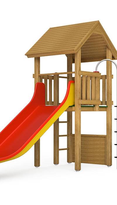 Spielturm-Kombination Kantholz, Podesthöhe 150 cm, Satteldach, Doppelrutsche