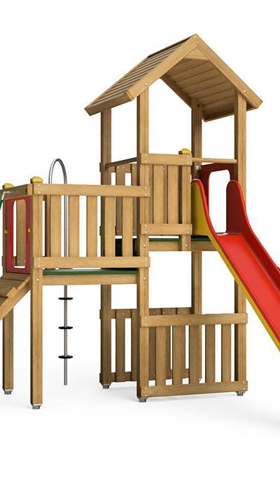 Spielturm-Kombination Eco, Podesthöhen 120/150 cm, Satteldach, Rutsche, mit Kletterstange