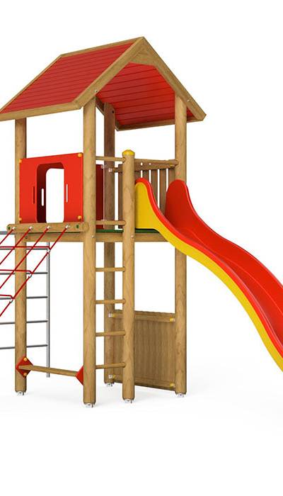 Spielturm-Kombination Rundholz, Podesthöhe 180 cm, Satteldach, Wellenrutsche, mit Kletternetz