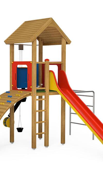 Spielturm-Kombination Eco, Podesthöhe 150 cm, Satteldach, Rutsche, mit Sandspiel und Metall-Hangelleiter