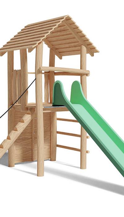 Spielturm-Kombination Robinie, Podesthöhe 150 cm, Satteldach, Rutsche, mit Bergsteigerwand