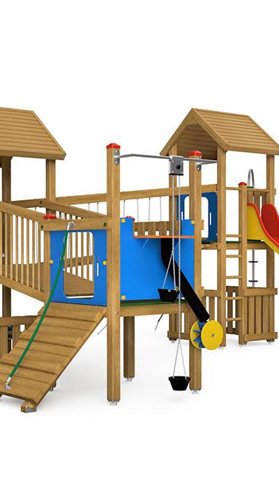 Spielturm-Kombination Eco, Podesthöhen 90/120/150 cm, Satteldächer, Rutsche
