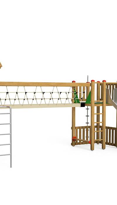 Spielturm-Kombination Kantholz, Podesthöhen 180 cm, Satteldach, Rutsche Edelstahl