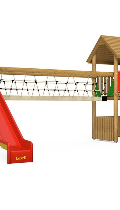 Spielturm-Kombination Rundholz, Podesthöhen 150 cm, Satteldach, Rutsche, mit Dschungelbrücke