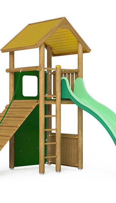 Spielturm-Kombination Rundholz, Podesthöhe 180 cm, Satteldach, Wellenrutsche, mit Bergsteigerwand