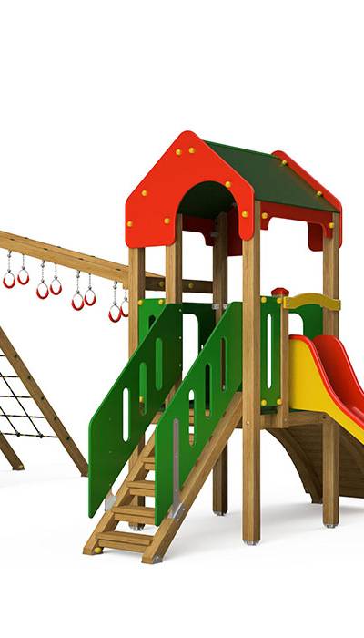 Spielturm-Kombination Crea-Play, Podesthöhen 90/150 cm, Satteldach, Rutsche