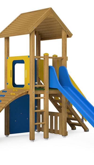 Spielturm-Kombination Eco, Podesthöhe 120 cm, Satteldach, Rutsche, mit Bergsteigerwand und Aufstiegstreppe