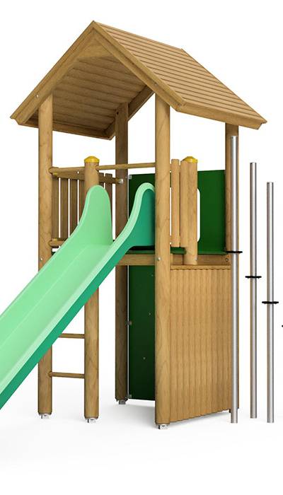 Spielturm-Kombination Rundholz, Podesthöhe 150 cm, Satteldach, Rutsche, mit Stangenwald und Bergsteigerwand