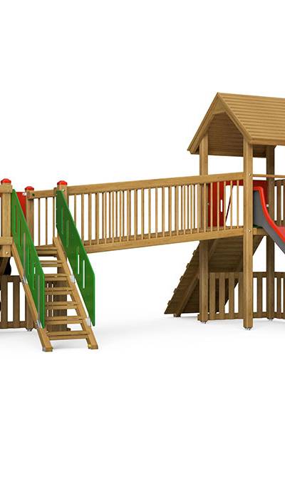Spielturm-Kombination Kantholz, Podesthöhen 120/150 cm, Satteldach, Breitrutsche