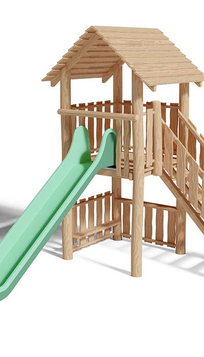 Spielturm-Kombination Robinie, Podesthöhe 150 cm, Satteldach, Rutsche, mit Aufstiegstreppe