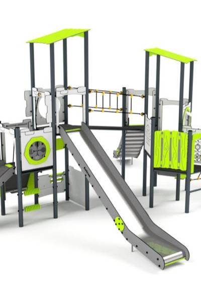 11091 Turm mit Rutschen, Spielwand, Sprossenleiter, Netz und Kletterwand