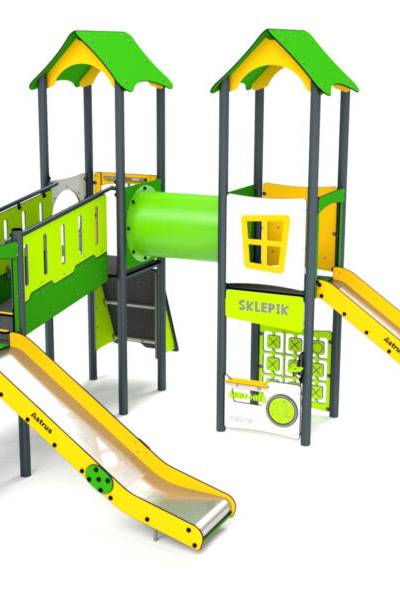 11037 Doppelturm mit Rutschen, Spielwand, Brücke, Kletterwand und Tunnel